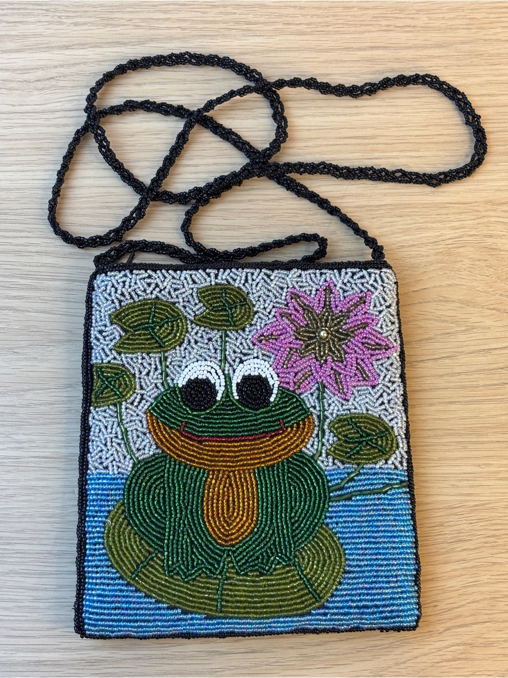 Vintage Y2K ERMO Beaded Frog Crossbody Bag with Lilypad & Flower